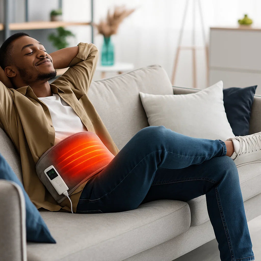 Person entspannt mit HeatBelt Pro auf dem Sofa