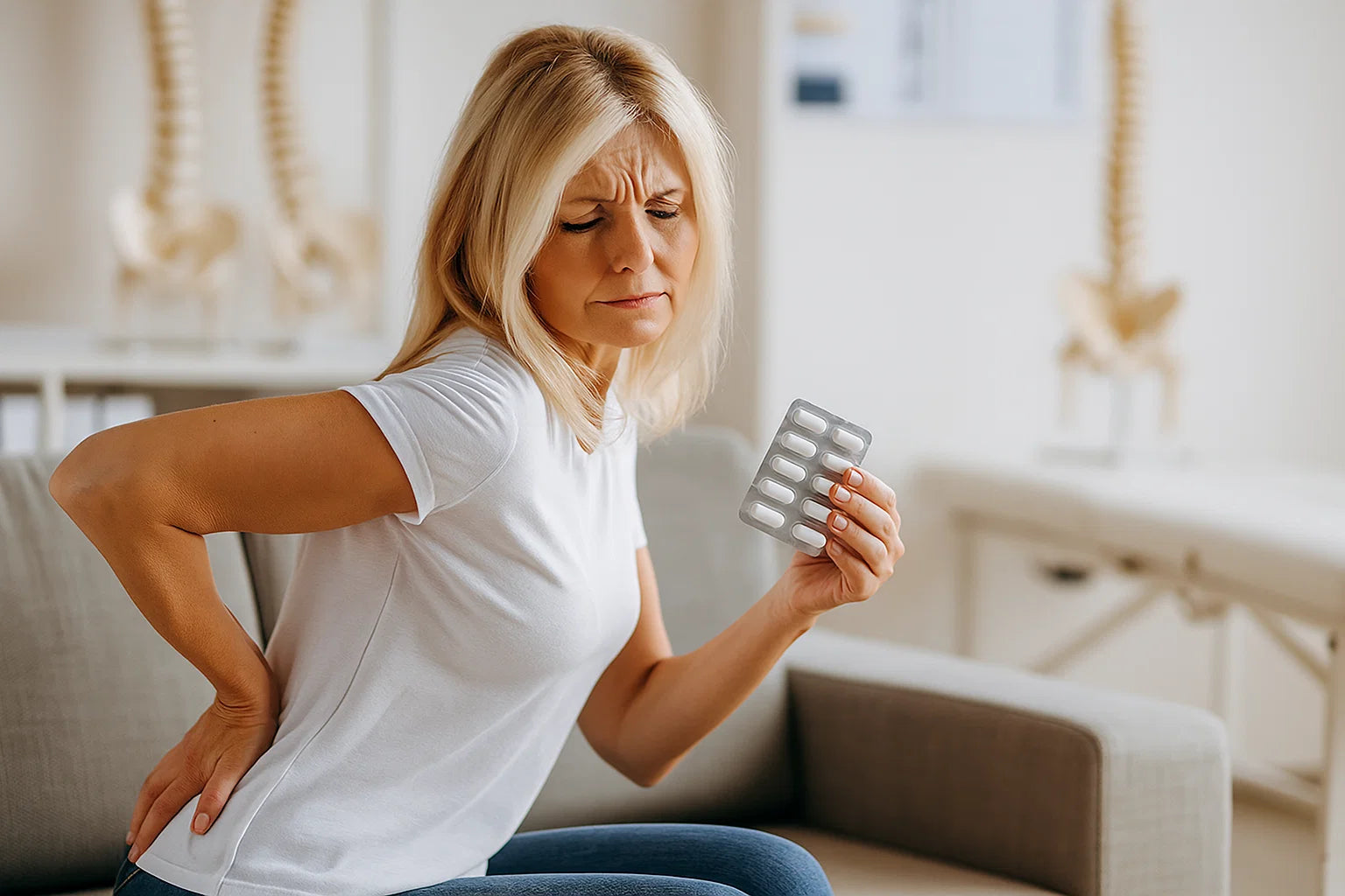 Frau mit Rückenschmerzen und Tablettenpackung in der Hand