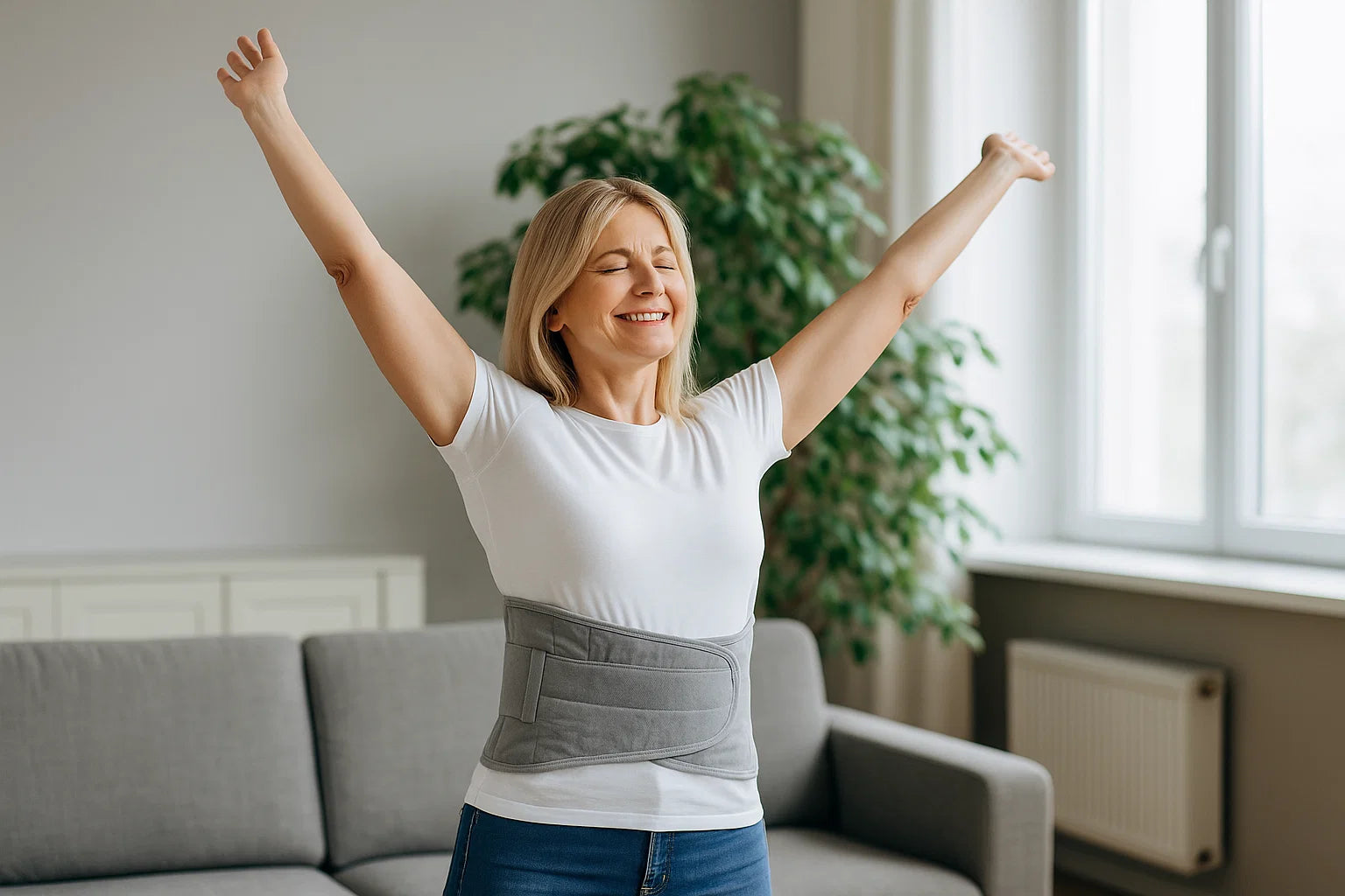 Frau mit HeatBelt Pro am Rücken, entspannt und schmerzfrei